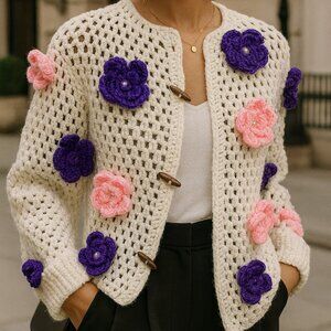Handmade Floral Crochet Jacket – Luxury Open-Stitch Cardigan with 3D Flowers M/L